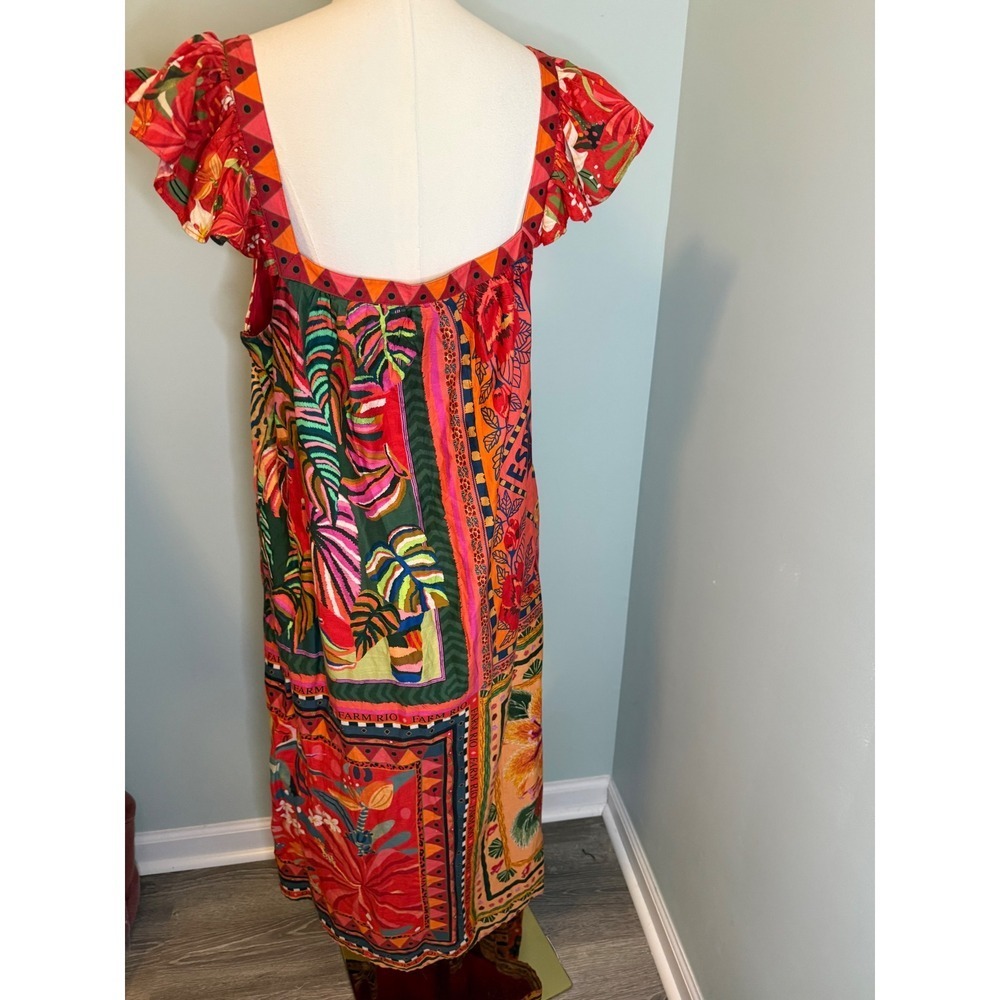 Farm Rio for Anthropologie Mosaic Print Ruffled Sleeve Midi Dress Tropical XL - Picture 7 of 8